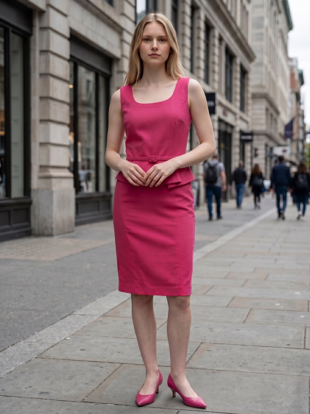 David Meister Fuchsia Peplum Midi Sheath Dress